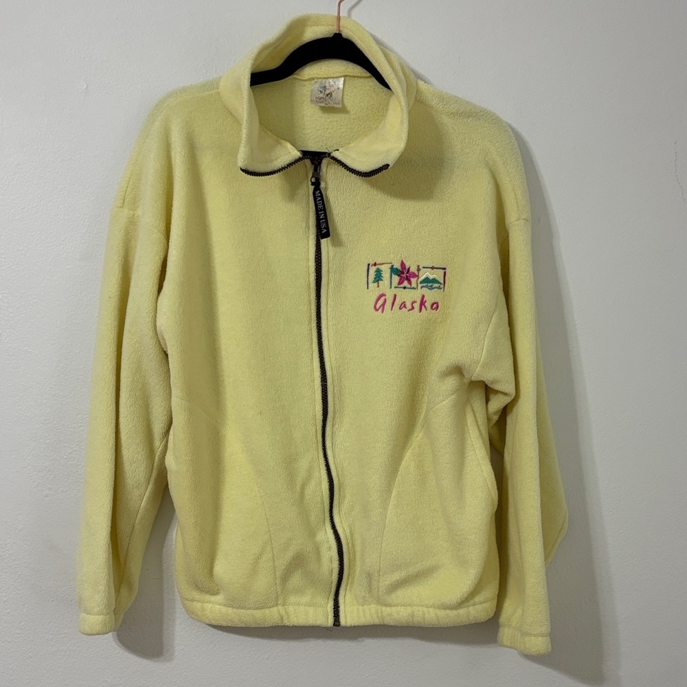 Vintage Made in the USA Yellow Alaska‎ Fleece Jacket Size S Zippered Embroidered